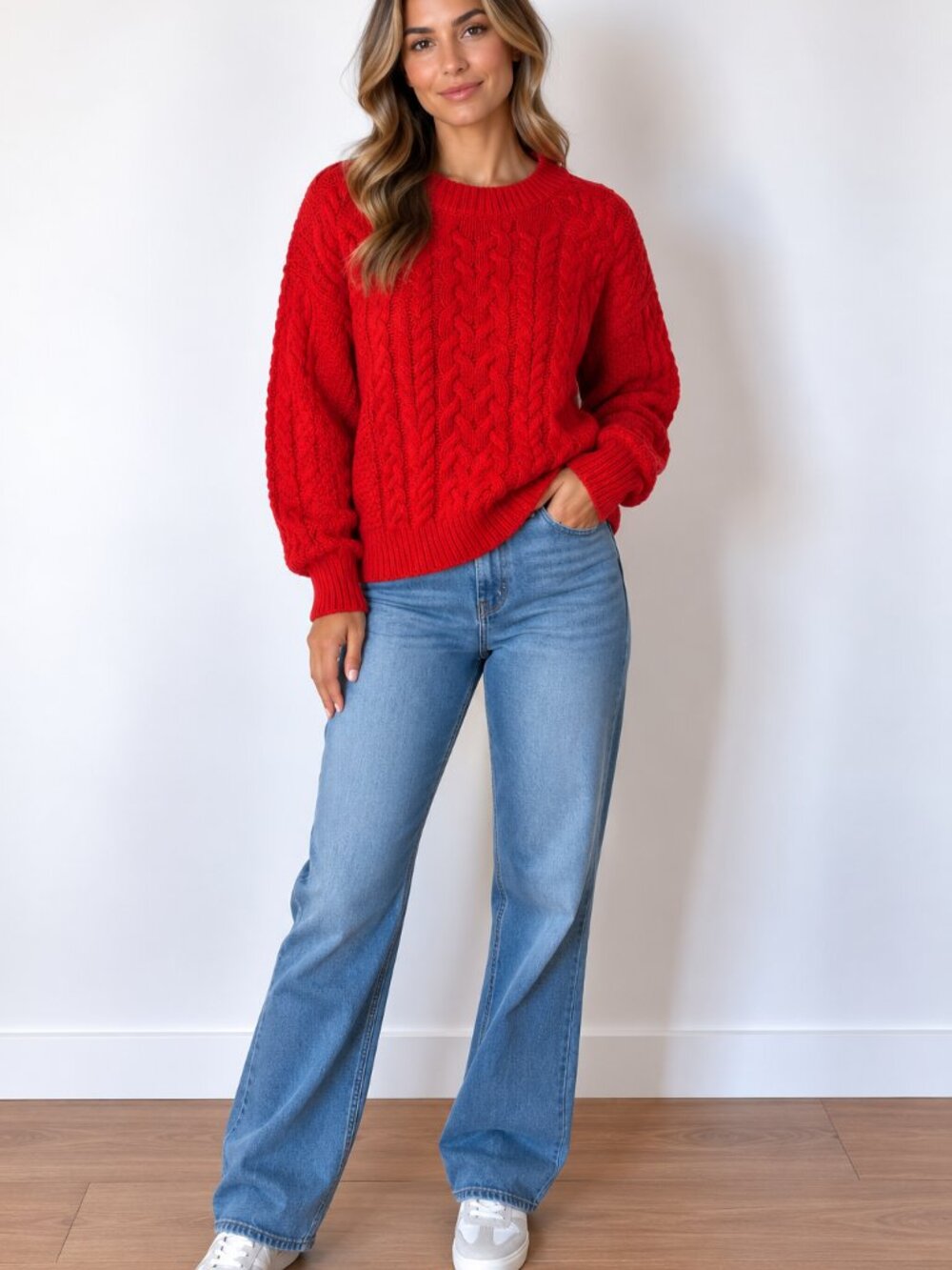 aerie Bright Red Cable-Knit Crewneck Sweater